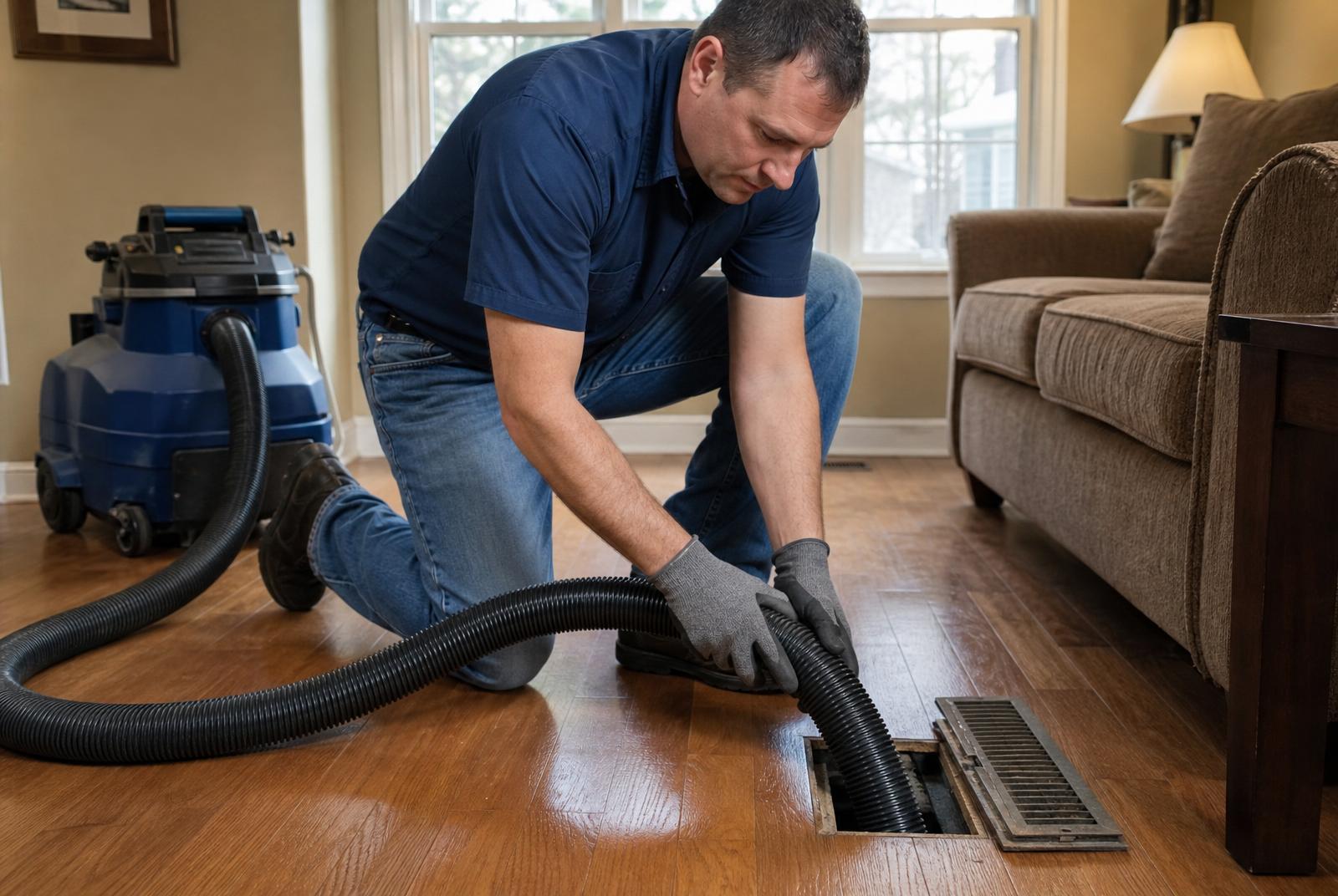 Technician performing HEPA air duct cleaning in a modern home